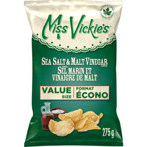 MISS VICKIE'S SEA SALT & MALT VINEGAR FLAVOUR KETTLE COOKED POTATO CHIPS 275 G