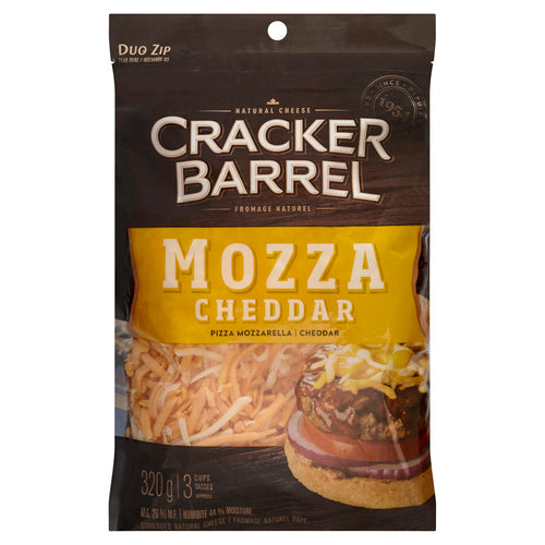 CRACKER BARREL SHREDS CHEESE MOZZARELLA CHEDDAR 320 G