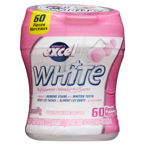 EXCEL TEETH WHITENING CHEWING GUM WHITE BUBBLEMINT 60 PIECES 1 BOTTLE