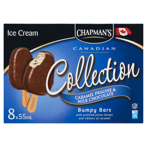 CHAPMAN'S BUMPY BARS CARAMEL PRALINE & MILK CHOCOLATE ICE CREAM BARS 8 PACK 440 ML