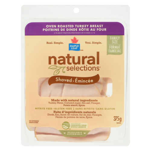 MAPLE LEAF NATURAL SELECTIONS SHAVED DELI TURKEY BREAST OVEN ROASTED FAMILY SIZE 375 G