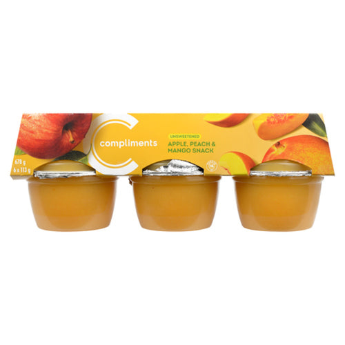 COMPLIMENTS SNACK CUPS UNSWEETENED APPLE PEACH & MANGO 6 X 113 G