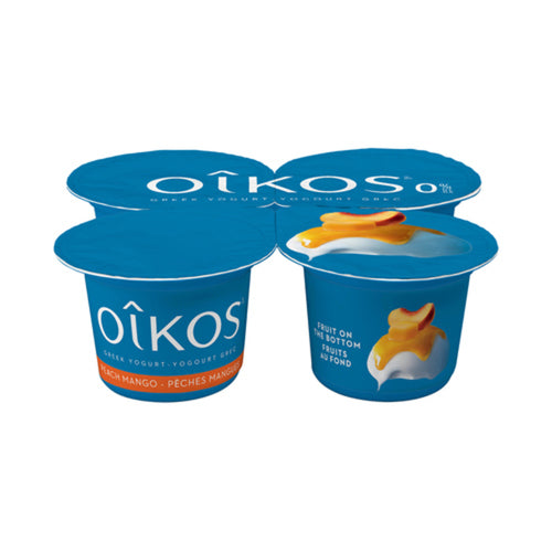 OIKOS FAT FREE GREEK YOGURT FRUIT ON THE BOTTOM PEACH-MANGO FLAVOUR 4 X 100 G